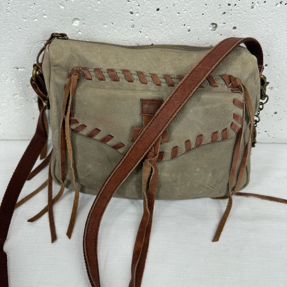 Lucky Brand Handbags - Lucky Brand Taupe & Brown Leather Whipstitch Tassel Crossbody Bag